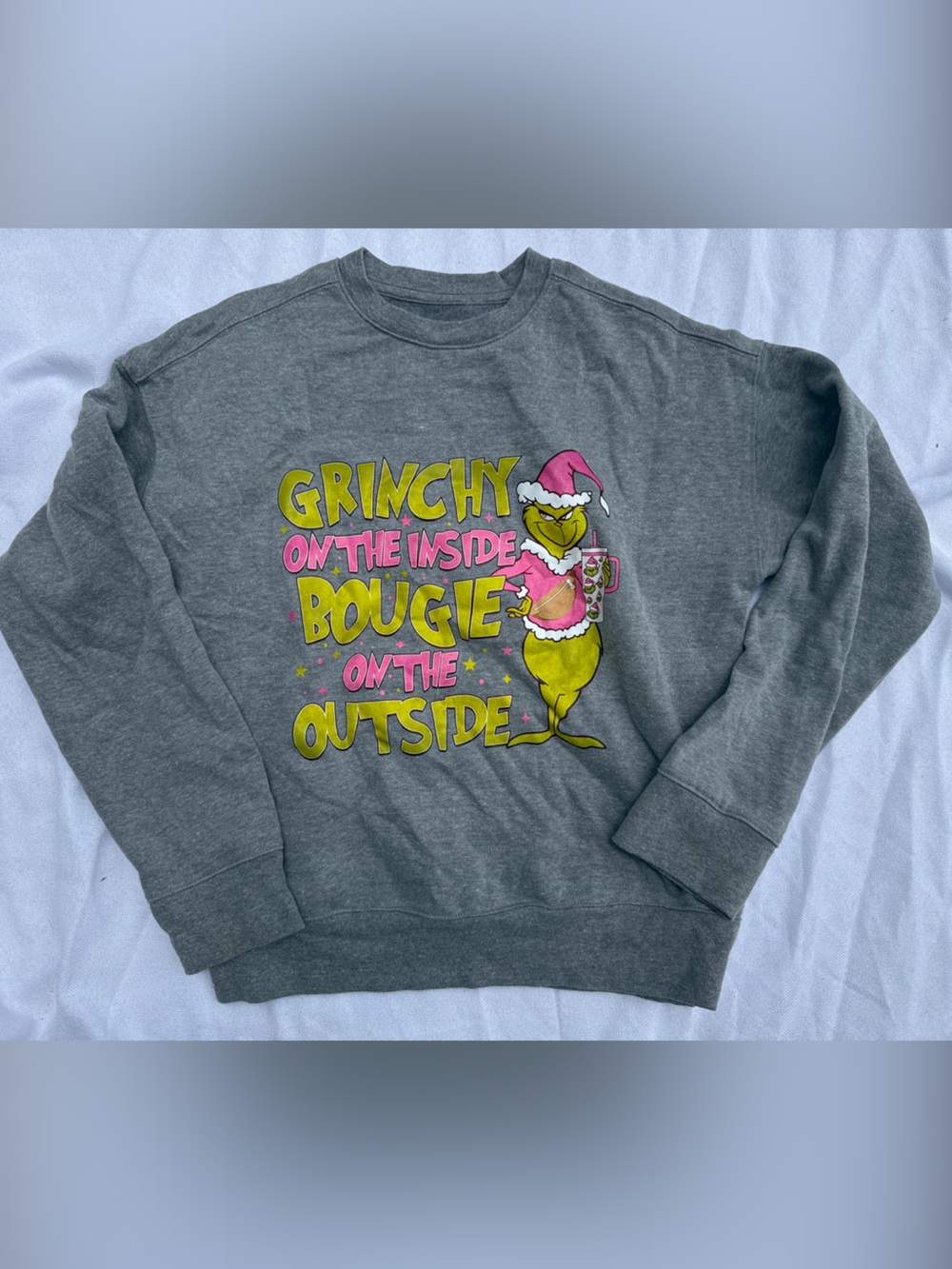 Athletic Works Gray Grinch Graphic Sweatshirt with Pink Accents